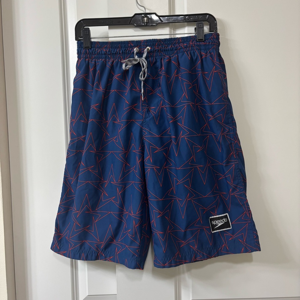 Speedo Men's Swim Trunks Size Large Blue And Red Lined Drawstring Elastic Waist